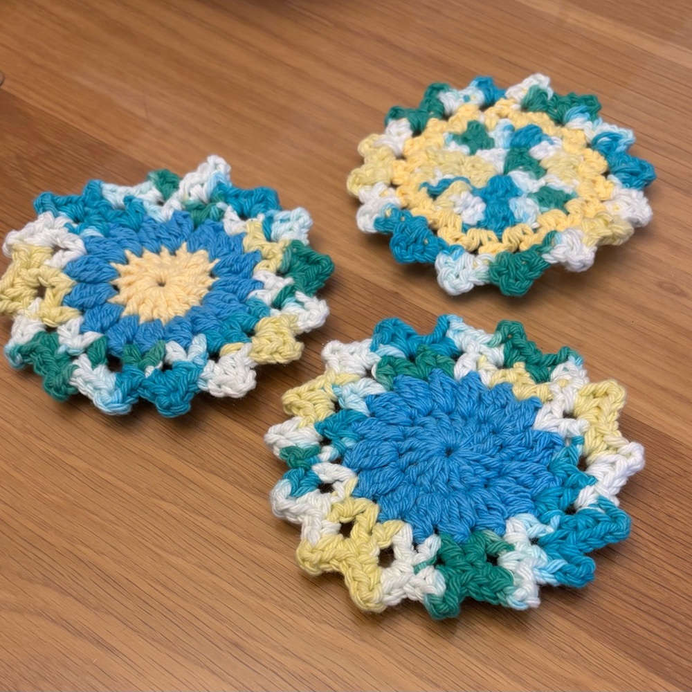 Handmade Crochet Coasters - Blue, Yellow, Green